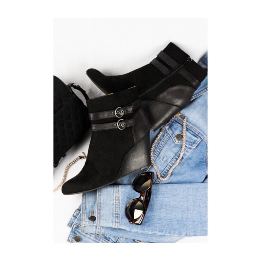 Black faux suede wedge heeled ankle booties